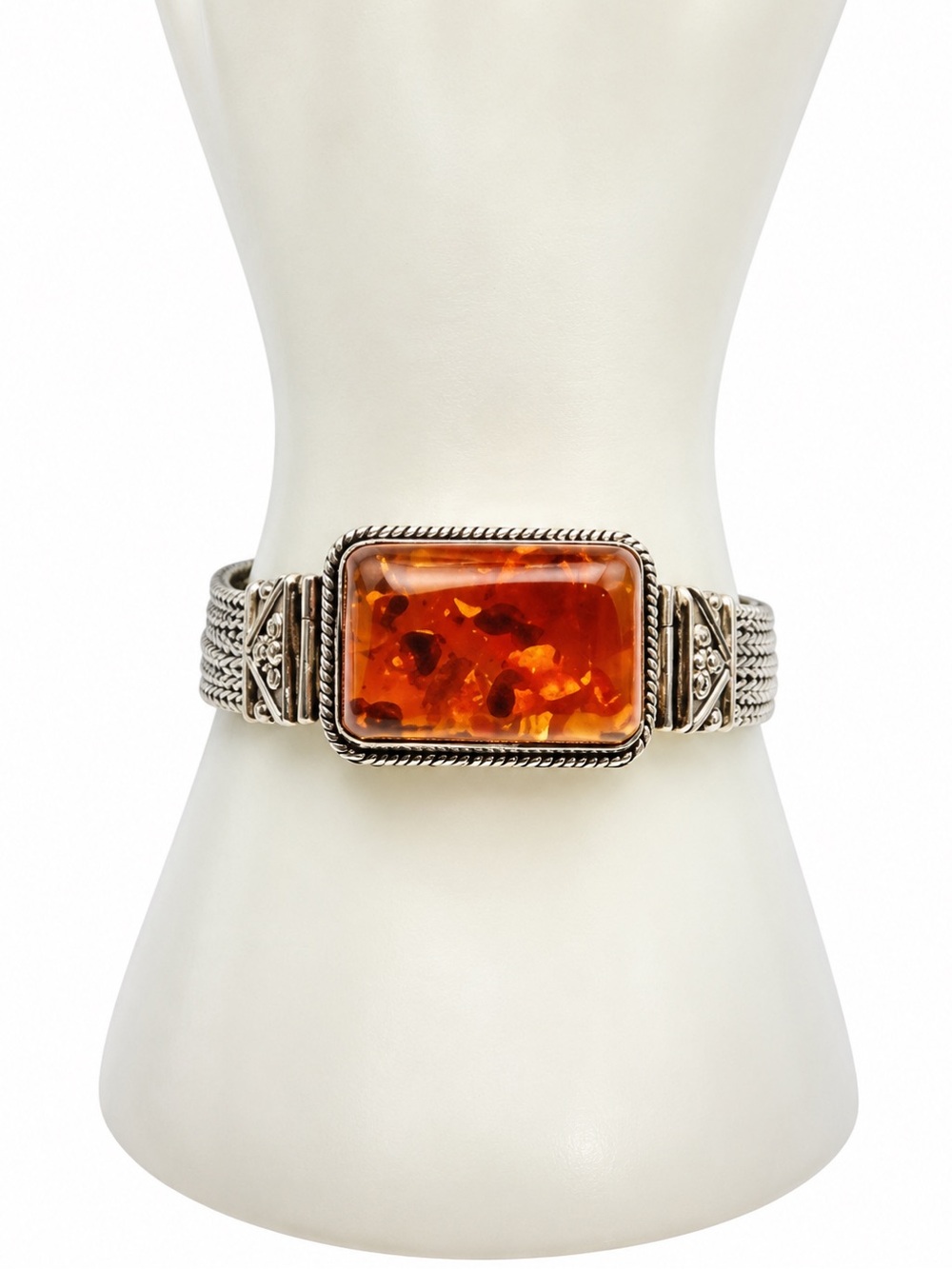 LORI BONN Sterling Silver Thai Weave Amber Cabochon Toggle Bracelet